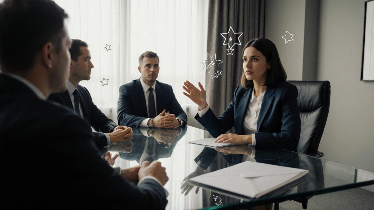 Candidate interviewing with panel in a federal office, hinting at a job offer.