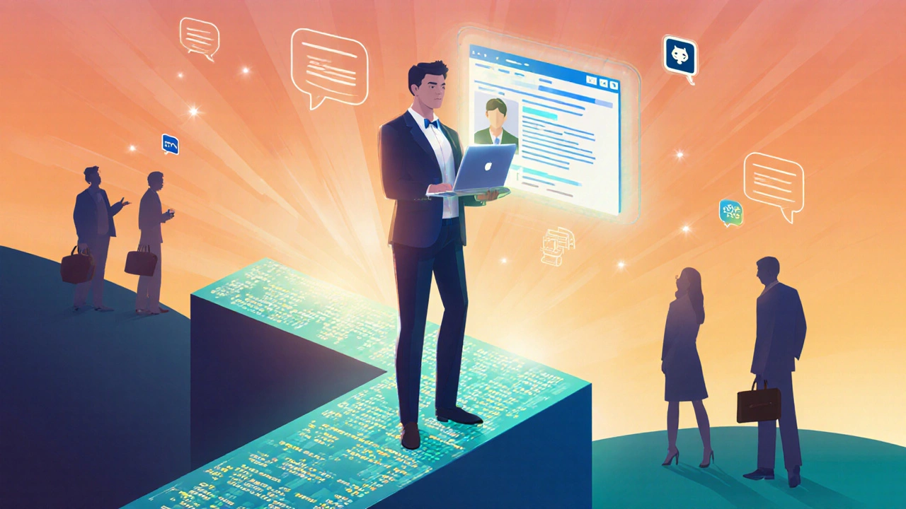 Career‑switcher on a glowing path holding a laptop, surrounded by mentorship symbols.