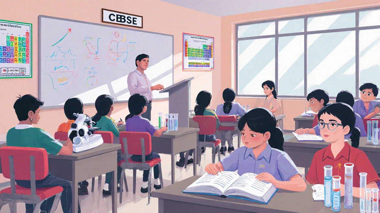 CBSE classroom with teachers, NCERT books, lab equipment, and affiliation number on the wall.