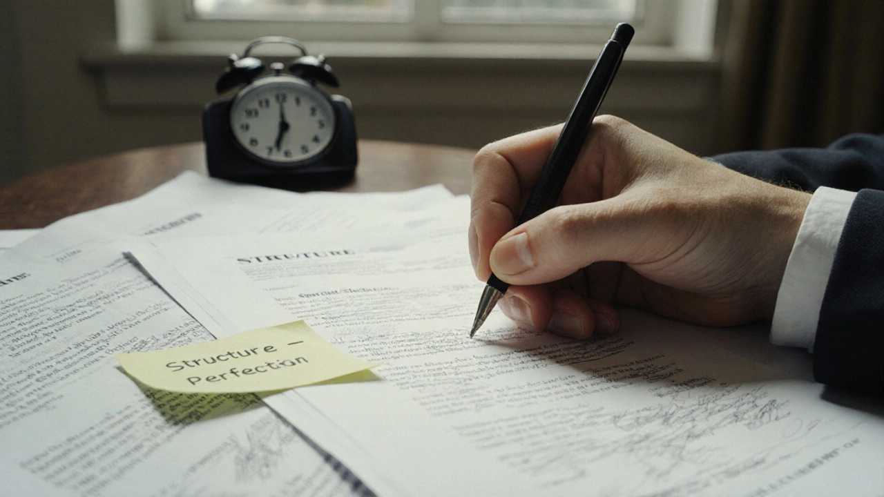 Close-up of a hand writing a legal memo under time pressure, with sticky note reading 'Structure > Perfection'.
