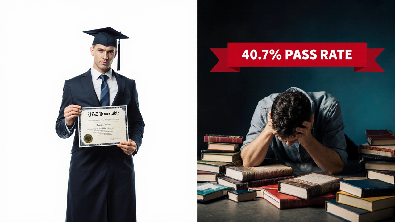 Contrasting images: one graduate with a transferable law certificate, another overwhelmed by California-specific study materials.