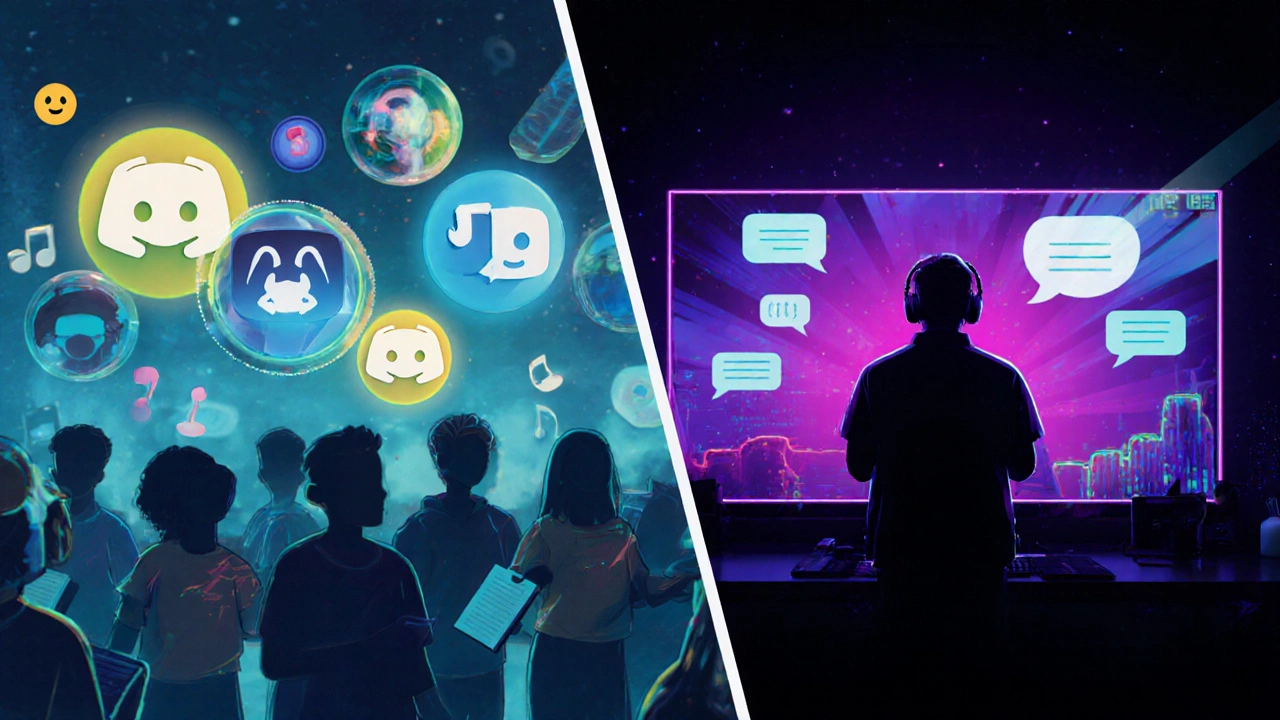 Discord chat scene beside a Twitch livestream with vibrant overlays.