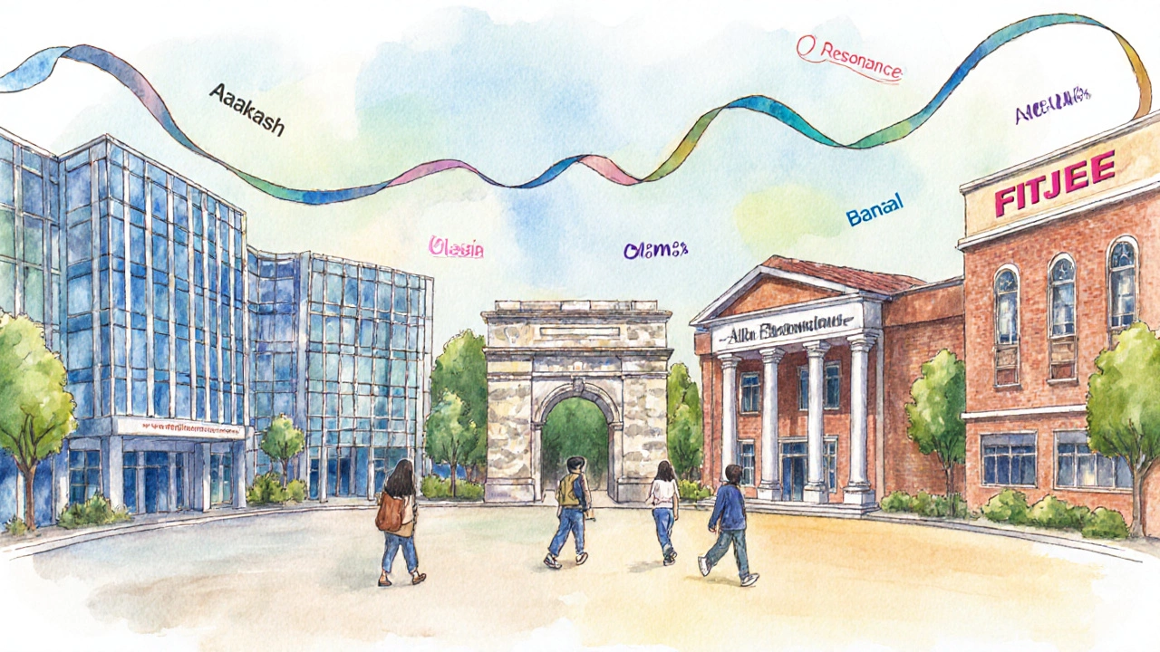 Five distinct institute buildings arranged in a plaza symbolize top coaching centers.