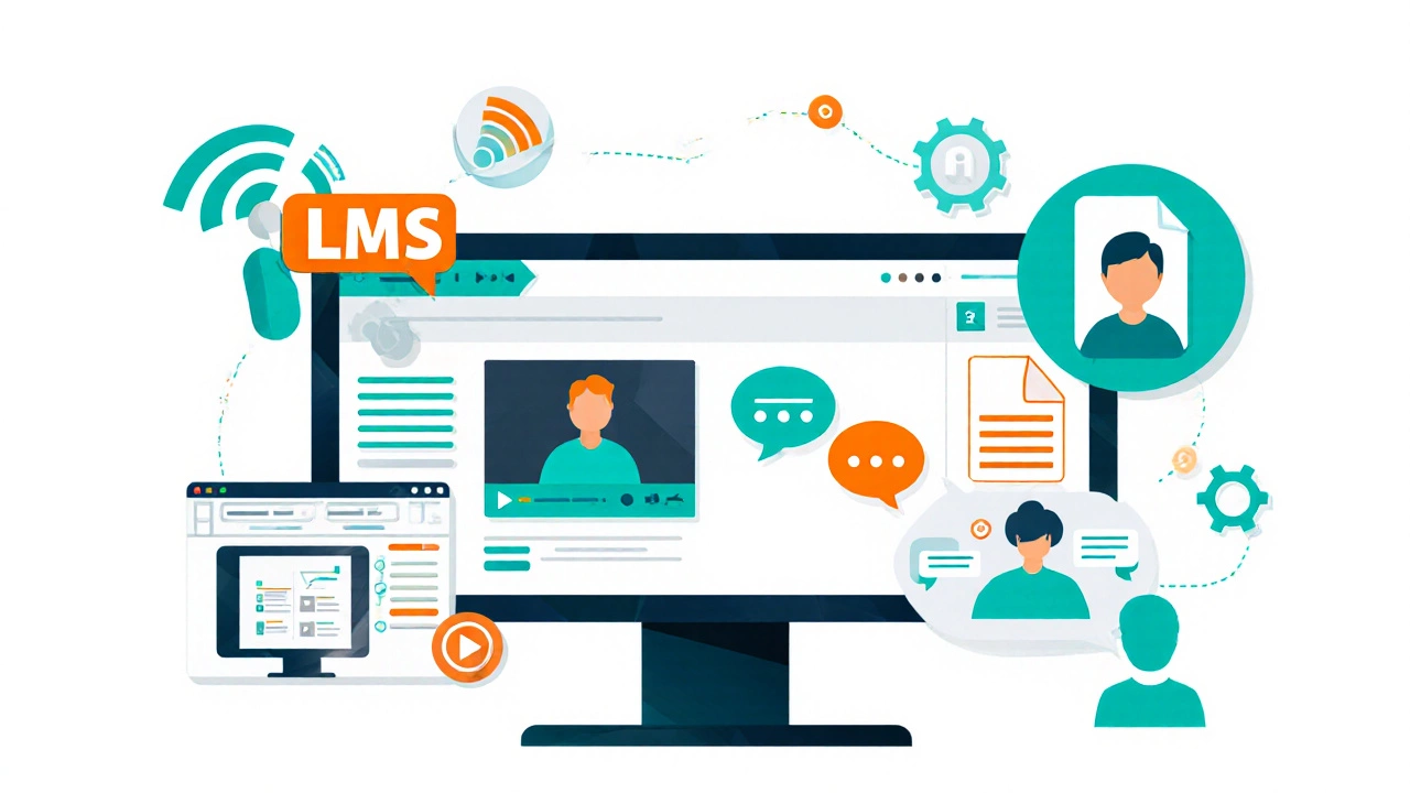 Flat design LMS dashboard showing video, discussion, quiz, PDF, with icons for internet, content, LMS, and interaction.