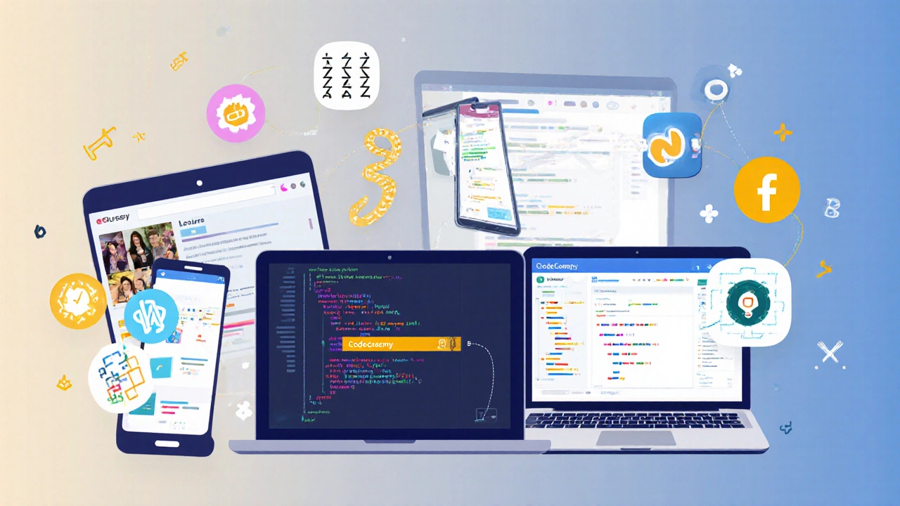 Flat illustration of multiple devices showing different coding learning platforms.