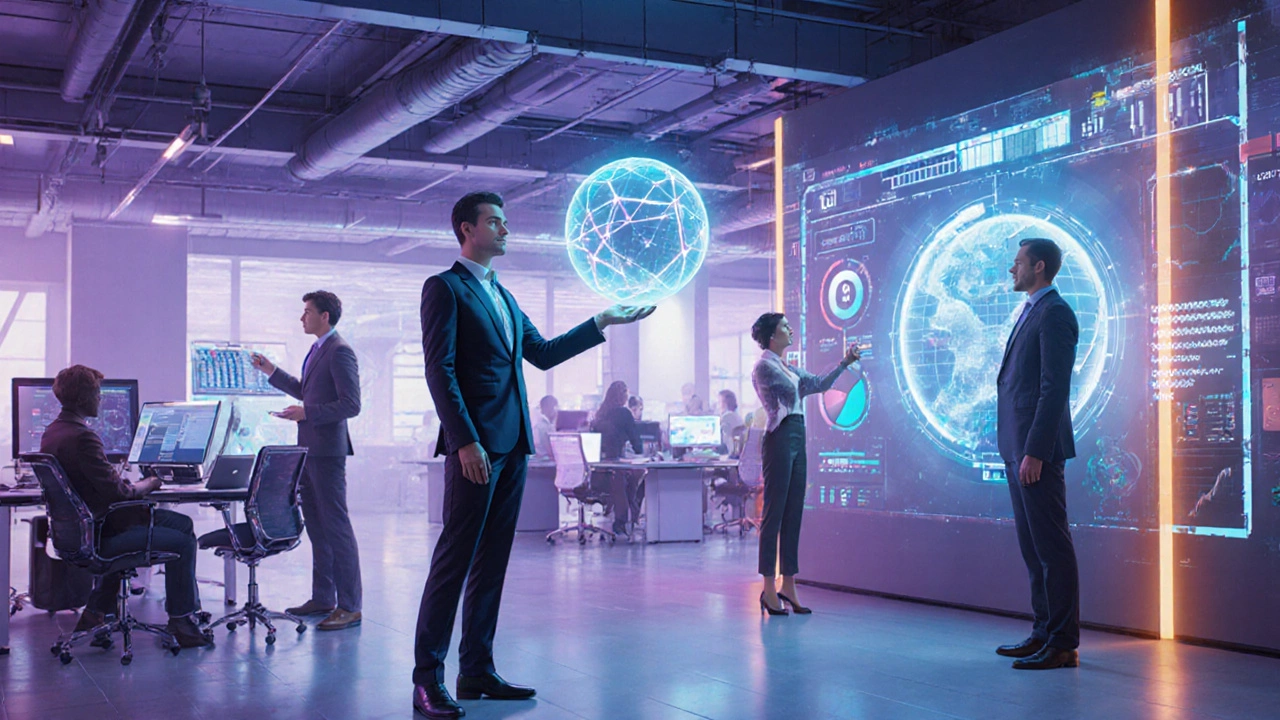 Futuristic office with holographic dashboards showing collaborative, gamified competition.