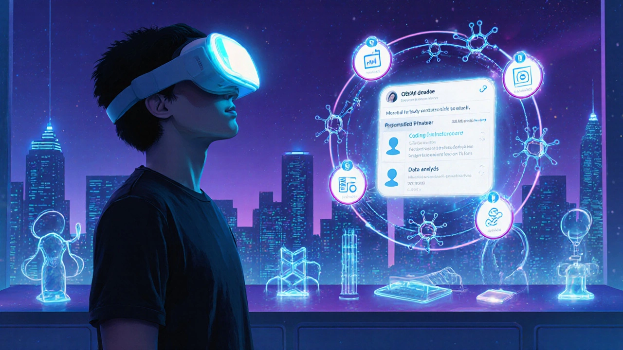 Futuristic student in VR lab with AI chatbot and floating micro‑credential badges, representing future distance learning.