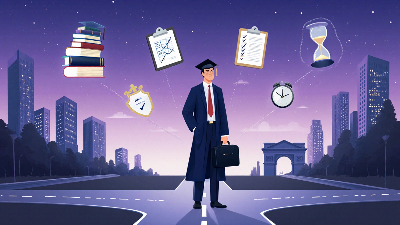 Graduate at a crossroads with icons for curriculum, quantitative, assessment, admission, and time.