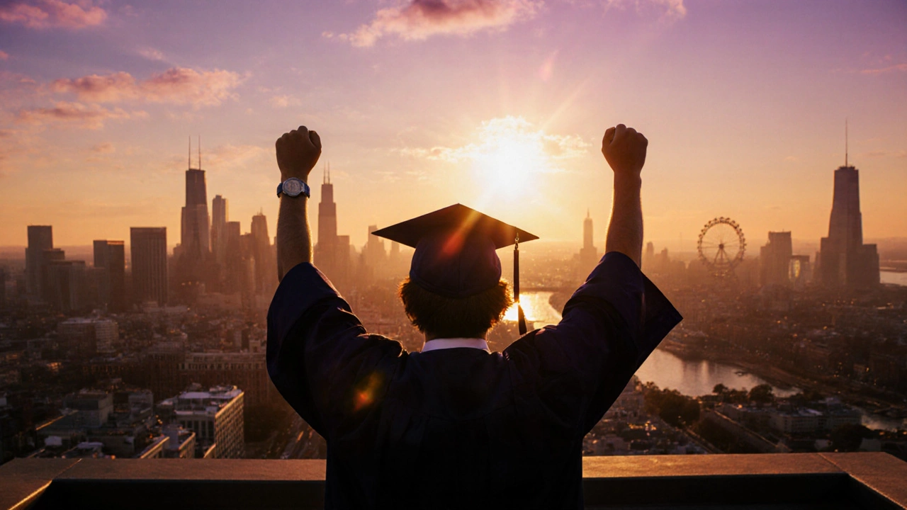 Graduate celebrates on a sunset rooftop overlooking global city skylines.