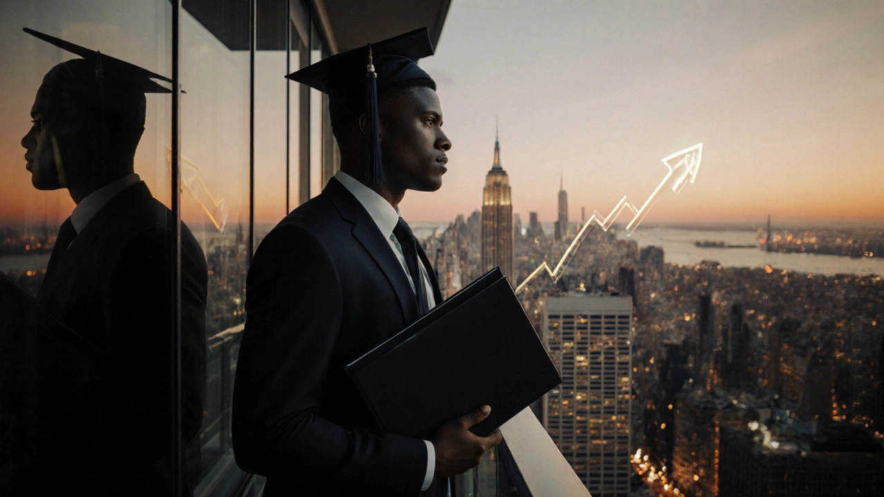 Graduate in business attire on balcony overlooking city at dusk, implying career advancement.