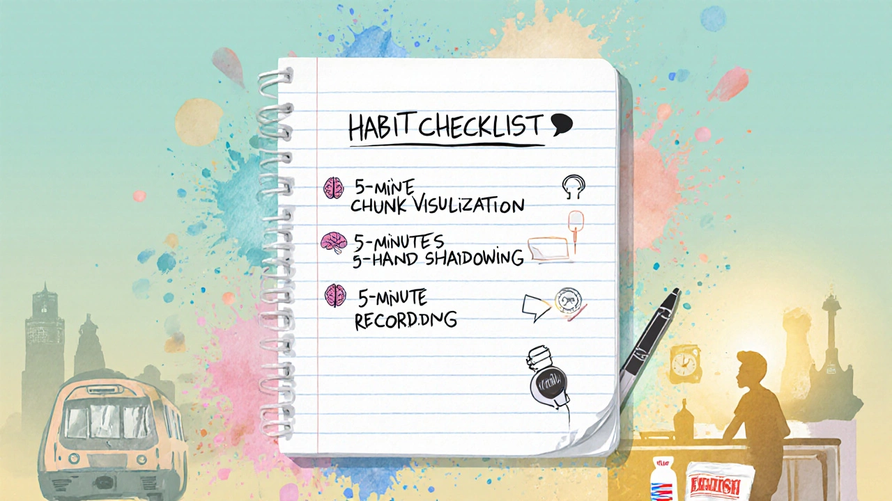 Handwritten 15‑minute English habit checklist on a notebook with watercolor accents.