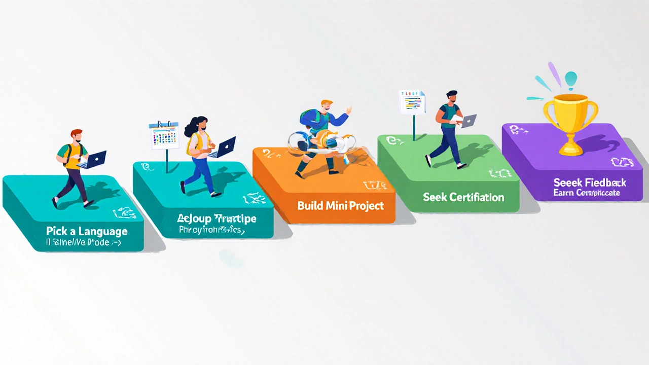 Illustrated roadmap showing steps from language choice to GitHub portfolio.