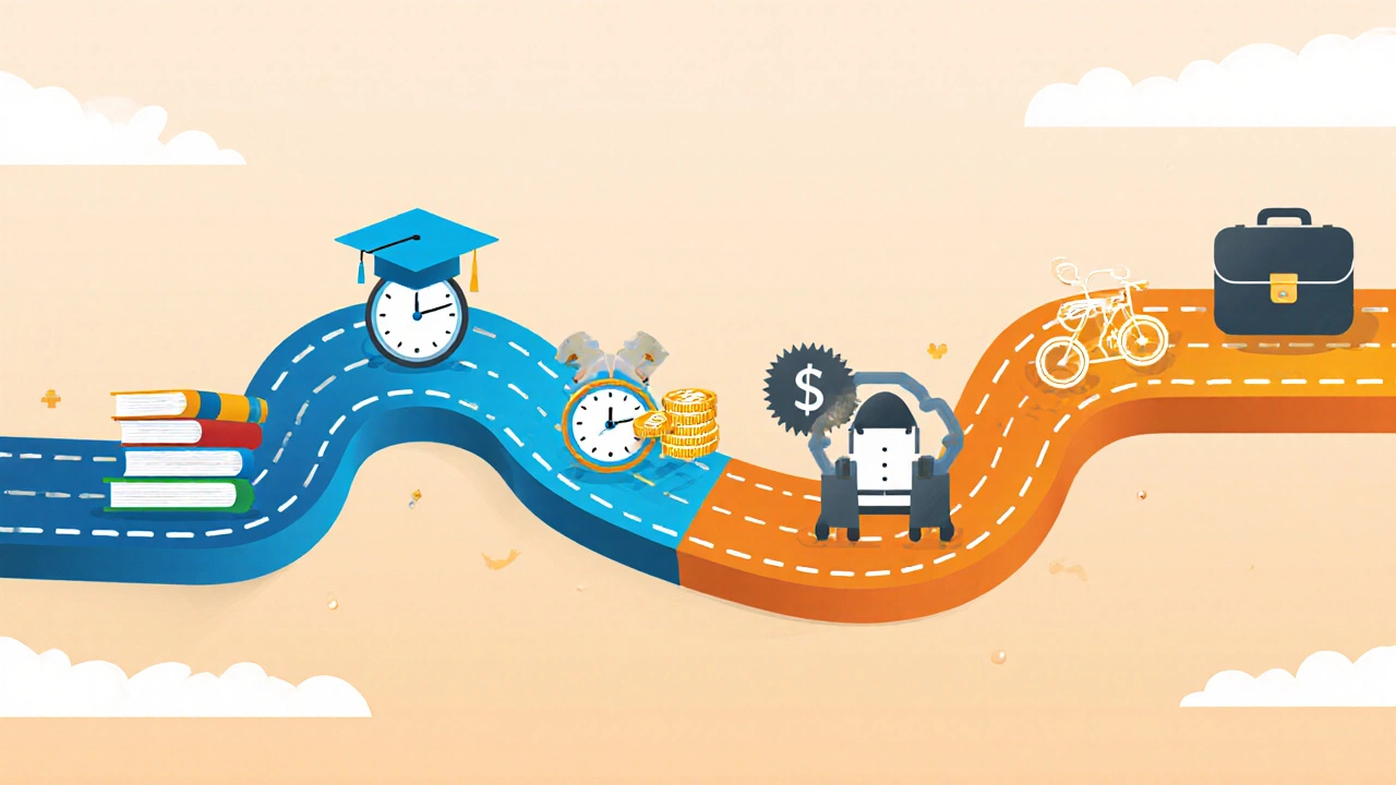 Illustrated timeline with icons for books, clock, coins, and briefcase comparing education paths.