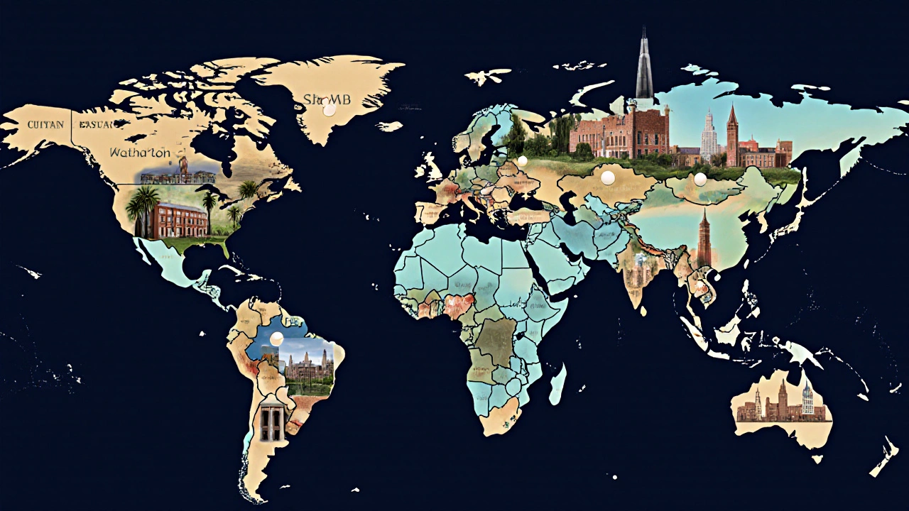 Illustrated world map with iconic school landmarks and glowing network orbs.