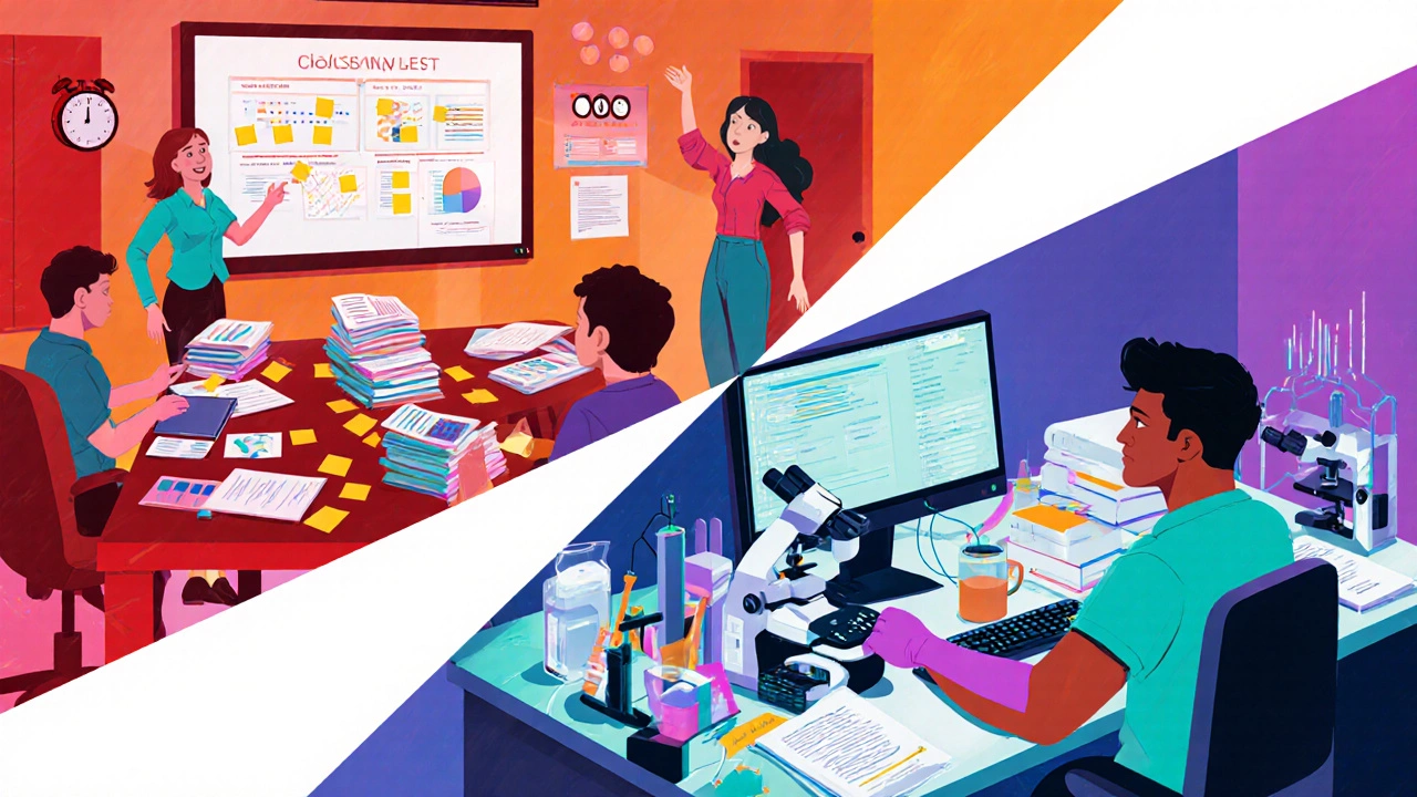 Illustration of Emma in a case sprint and Jamal working on a data science thesis.