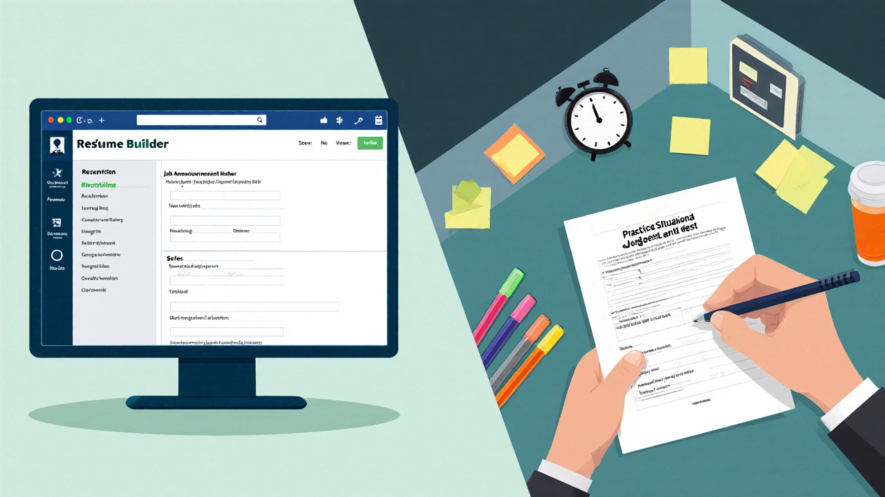 Illustration of résumé builder on screen and practice test materials on a desk.