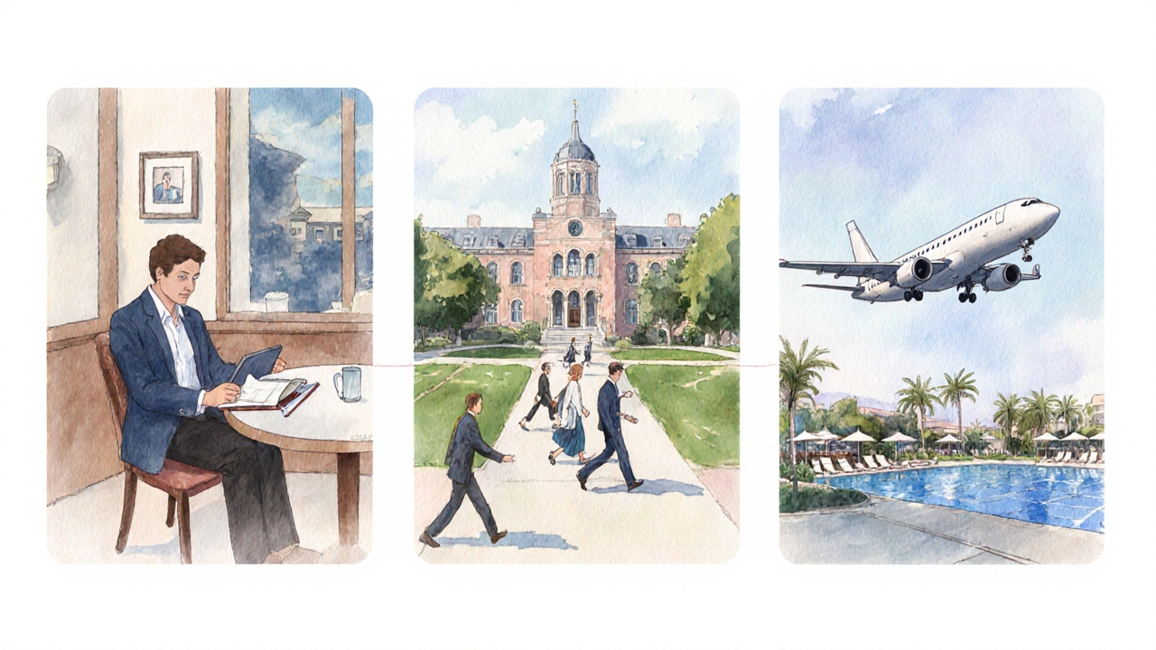 Illustration showing evening class, campus, and executive residency representing MBA formats.