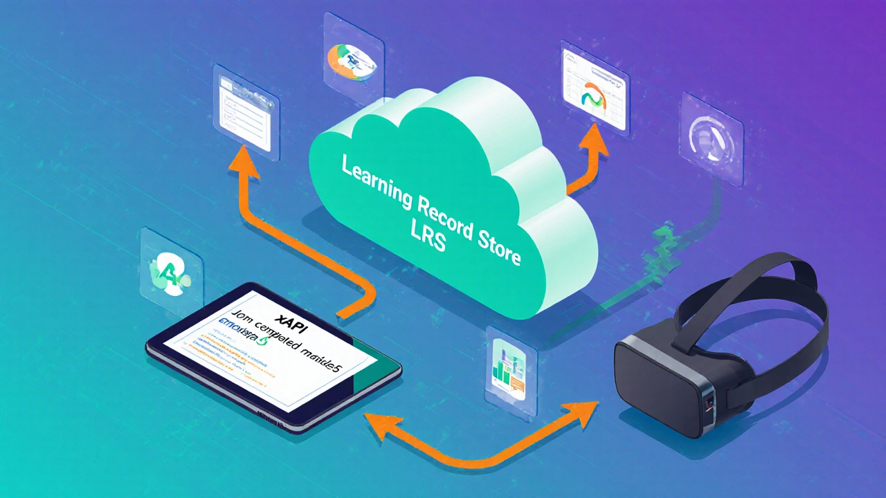 Isometric view of LRS cloud linking xAPI, CMI5, and LTI tools on tablet, laptop, and VR headset.