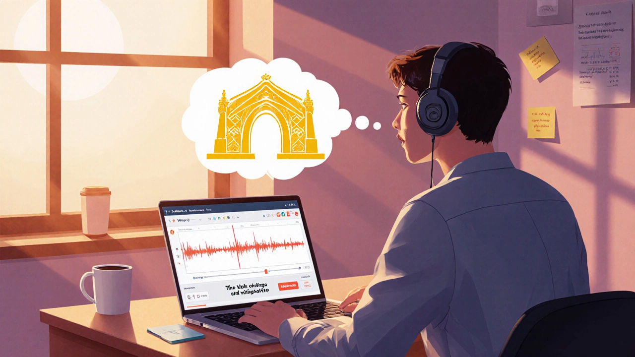 Learner using headphones to shadow a speaker on a laptop, with a golden bridge visual cue.