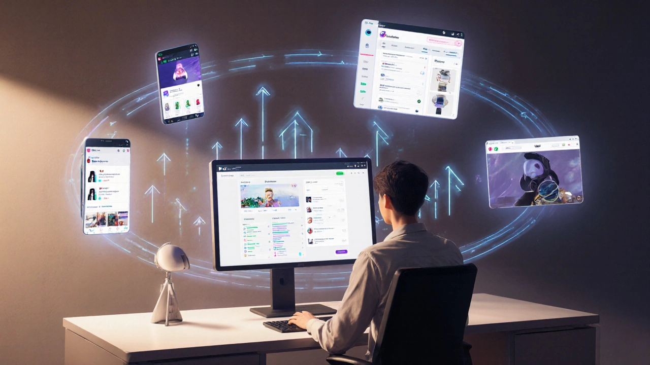 Marketer at desk surrounded by holographic screens of various platforms.