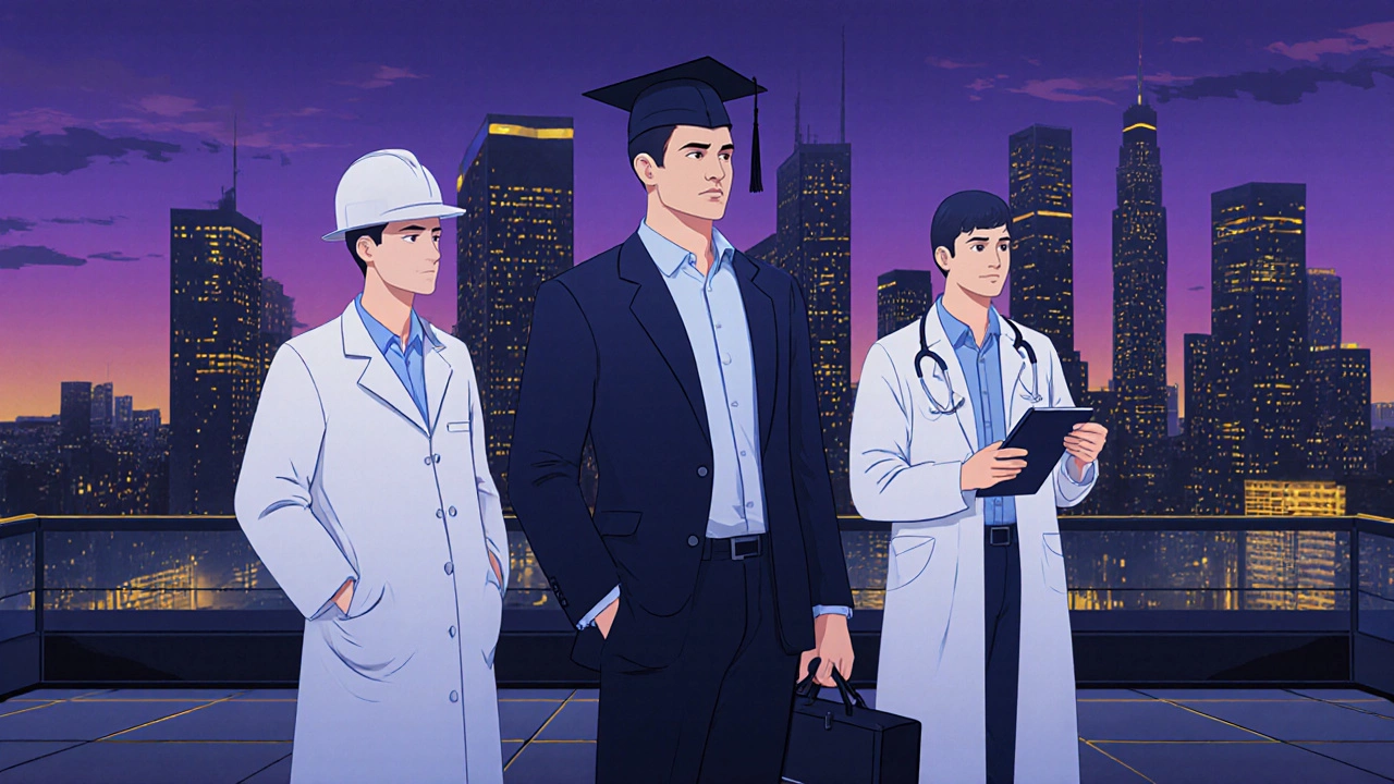 MBA graduate with mixed background stands on a city terrace at dusk, looking toward the skyline.