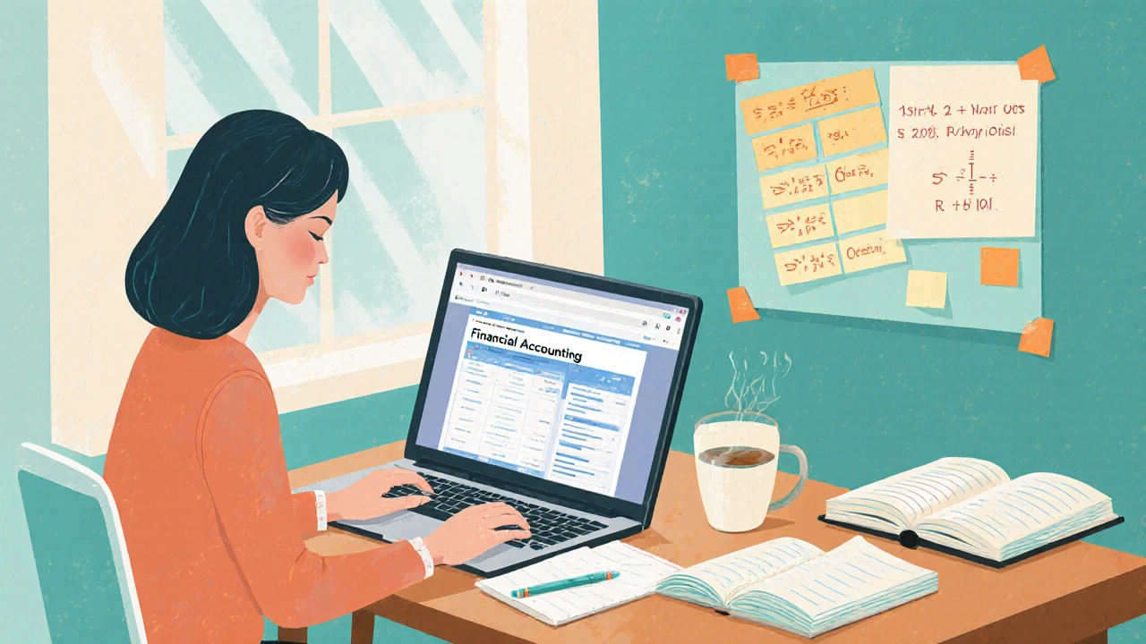 Non‑business graduate studies an online accounting course in a bright home office.