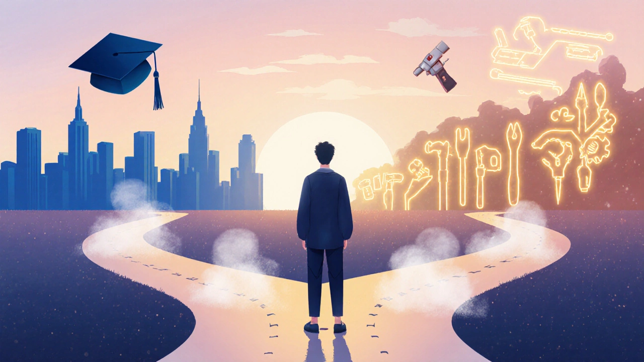Person at a crossroads choosing between a university skyline and a workshop skyline at sunrise.