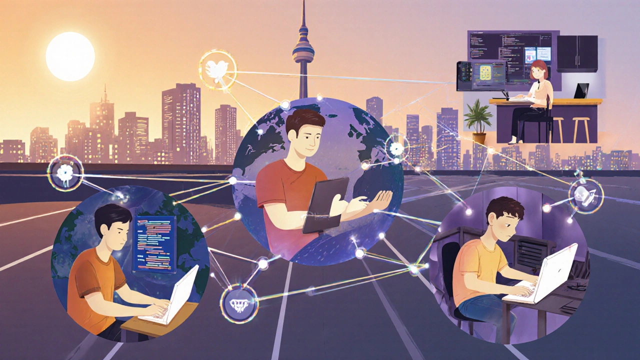 Remote developers from around the world connected by glowing data streams across cities and time zones.