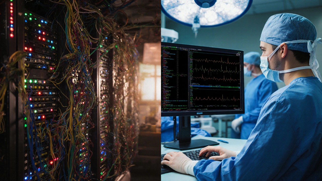 Split image showing a server room and hospital monitor, linked by a coder's hand typing on a keyboard.
