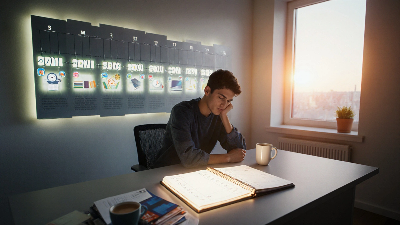 Student at a desk with a 12‑month timeline, planner, books, and sunrise light indicating a study roadmap.