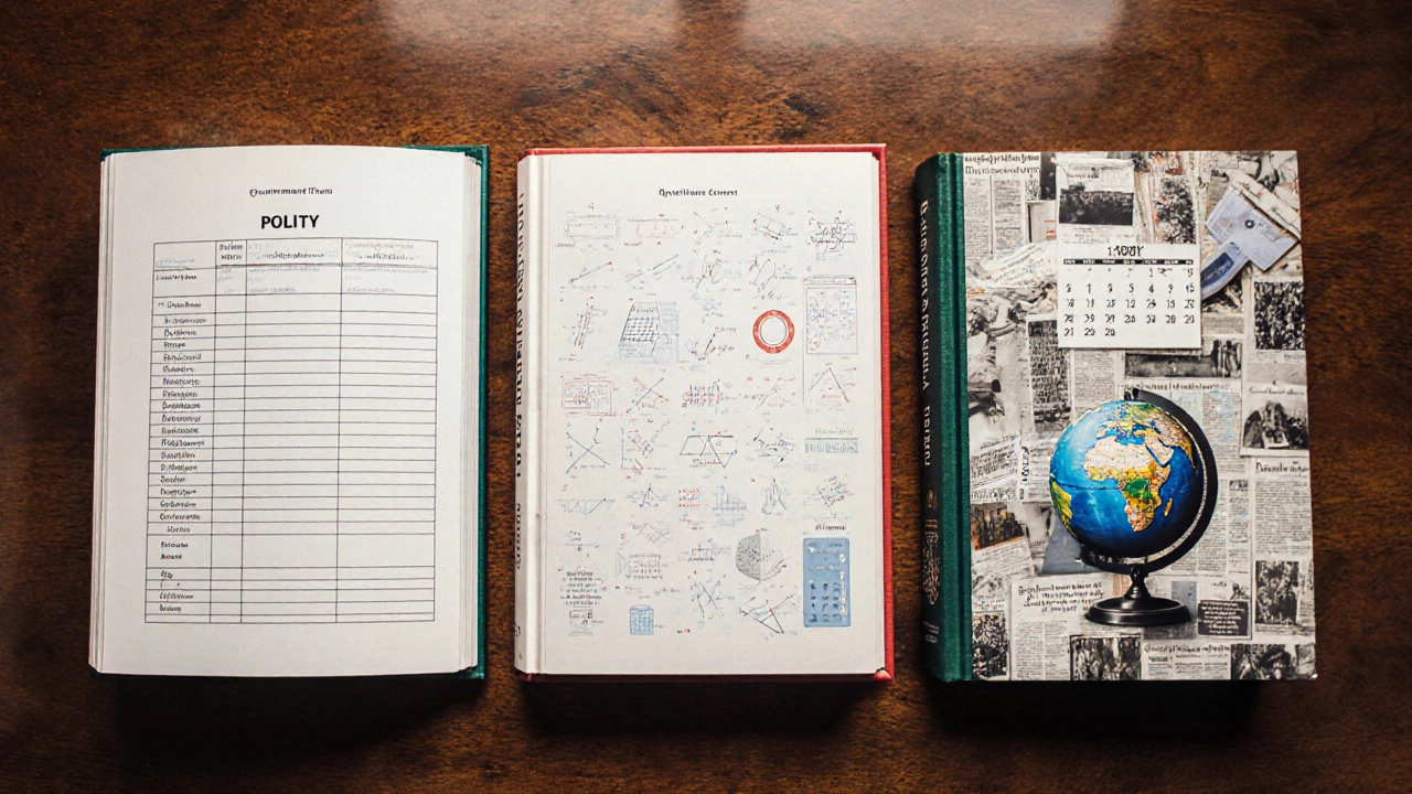 Three exam books on a table: one with tables, one with math equations, one with current affairs collage.