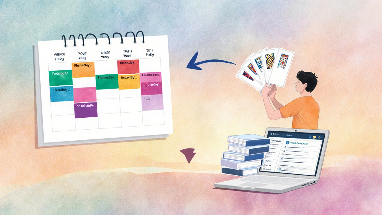 Wall calendar with subject blocks, student using flashcards and laptop for mock test.