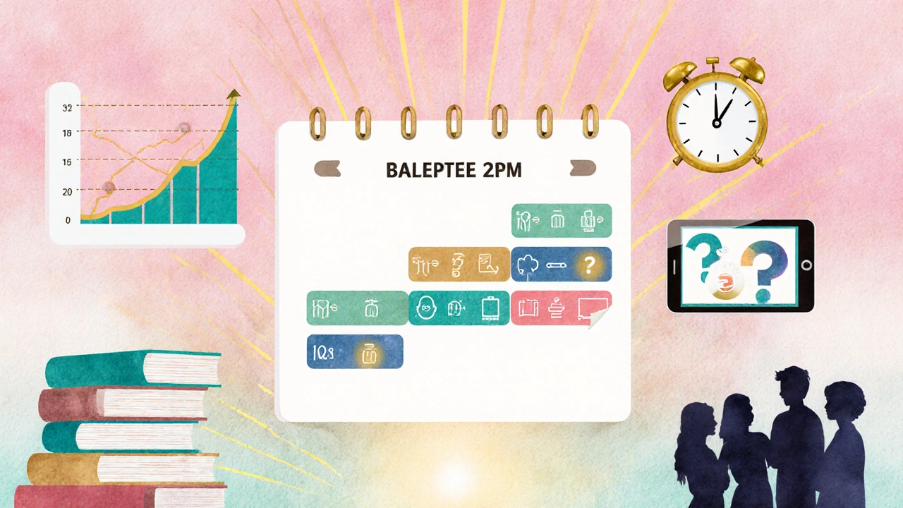Watercolor collage showing a balanced study schedule with books and mock analytics.
