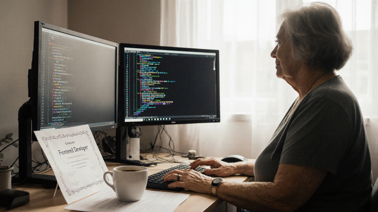 A 57-year-old woman celebrating her graduation as a frontend developer at home.