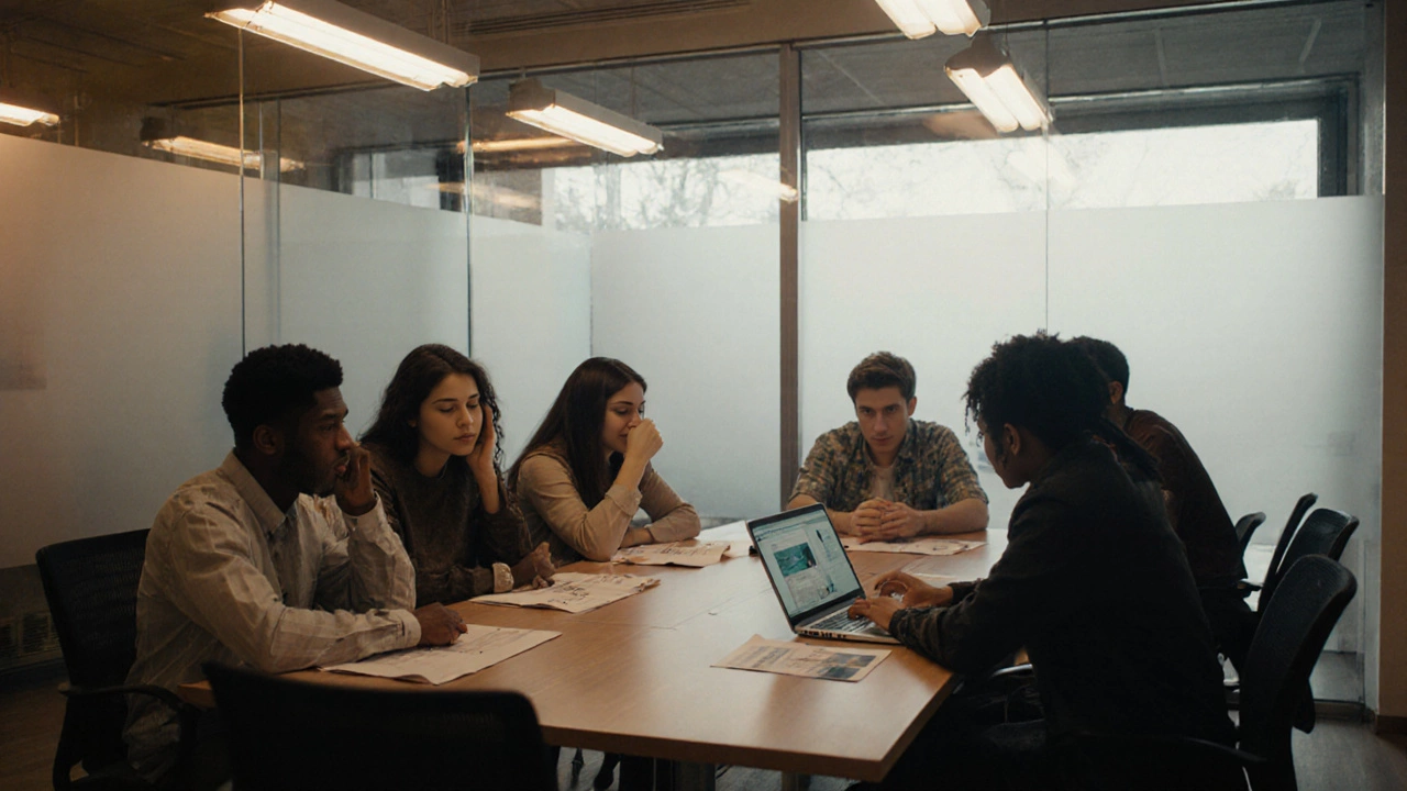 A diverse group of MBA students in a tense meeting, one visibly upset while others work frantically.
