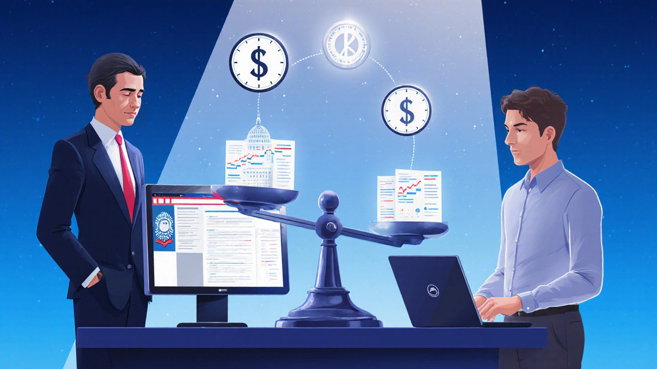 A federal worker and a private-sector professional side by side, showing the pay and opportunity gap.