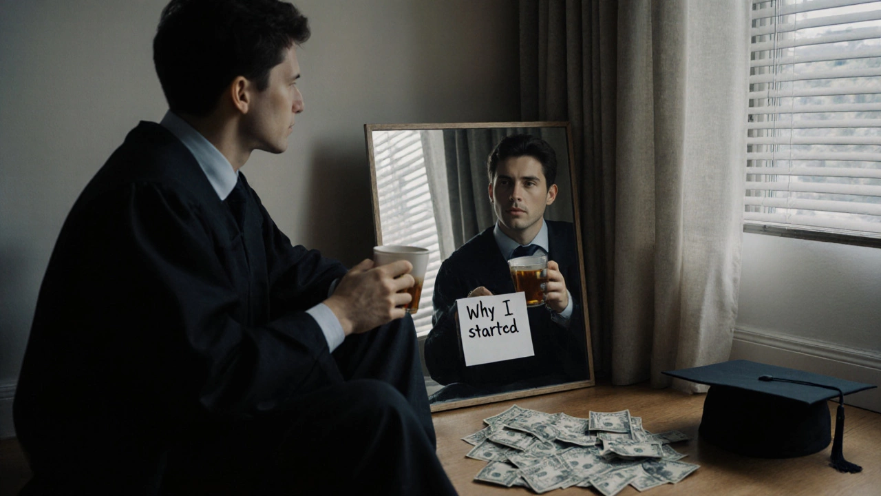 A graduate sitting alone at dawn, gazing at a personal note in the mirror with bills and a cap nearby.