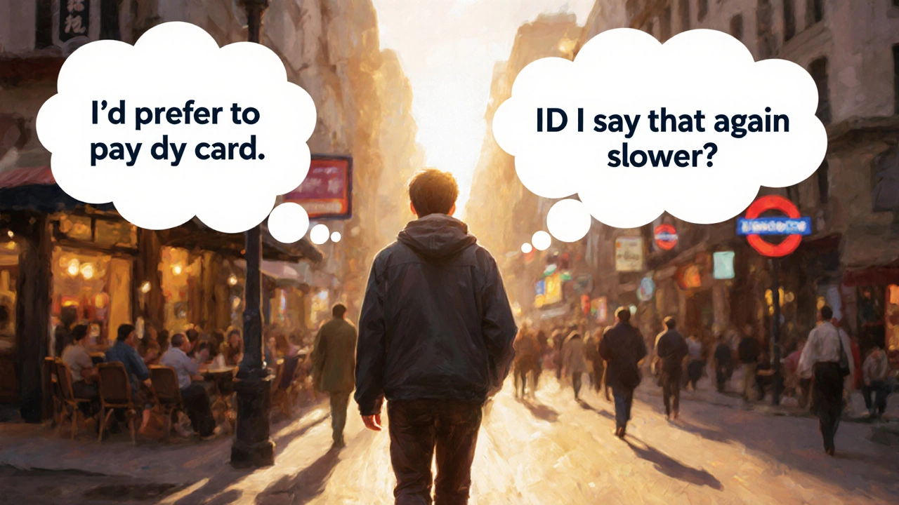 A person walking through a city with natural English phrases appearing in thought bubbles.