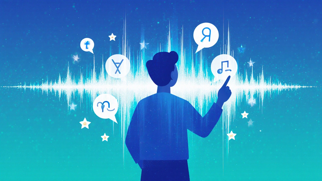 An abstract soundwave visualization with corrected pronunciation symbols floating around a speaker.