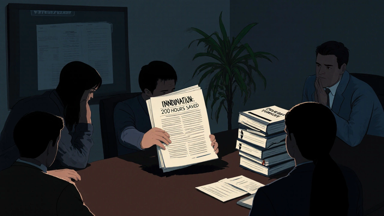 An innovation proposal buried under policy manuals in a dimly lit office meeting room.