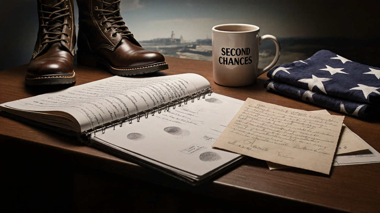 An open military waiver file with letters, a GED, and combat boots, symbolizing redemption and second chances.