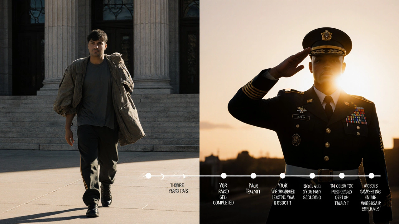 Before and after imagery: a man leaving court versus the same man saluting in Army uniform at sunrise.