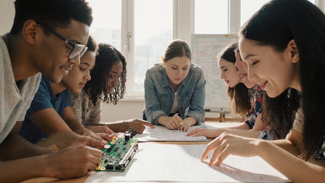 Diverse students collaborating on a hands-on project in a bright classroom.