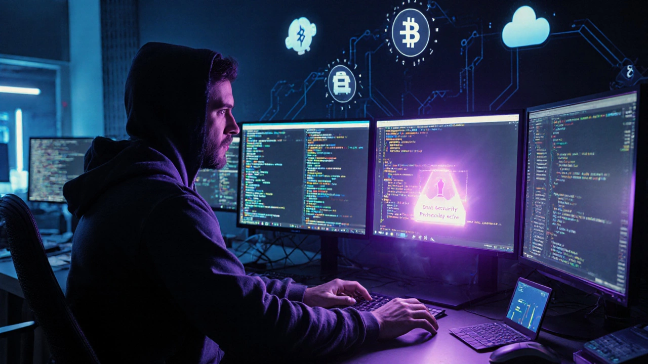 Engineer in an AI lab reviewing Scala data pipelines with Rust security systems glowing on multiple monitors.