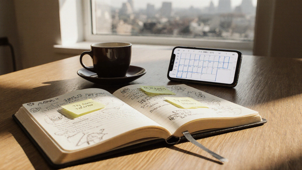Open journal with handwritten English practice notes and coffee cup beside it on a wooden table.