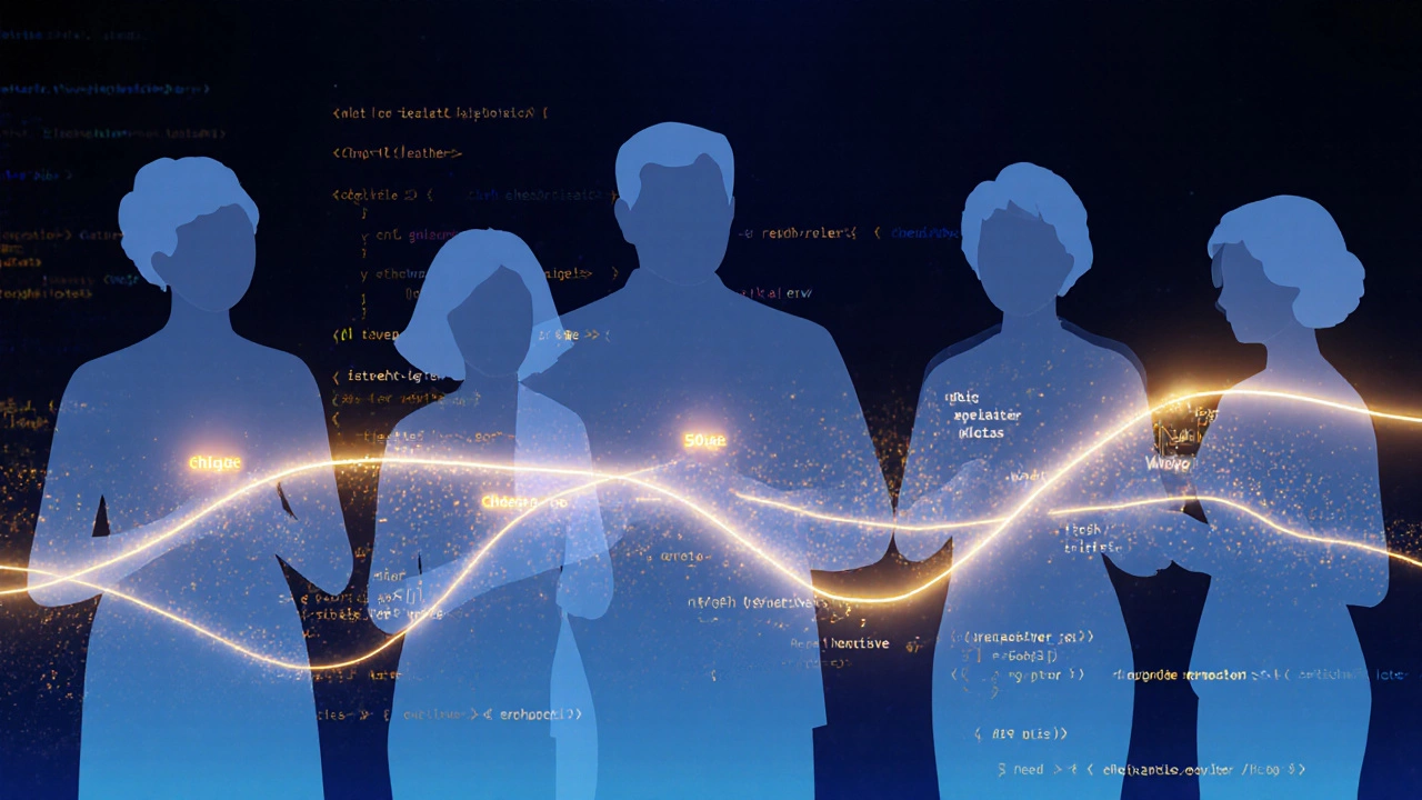 Silhouettes of different-aged people connected by glowing lines of code.