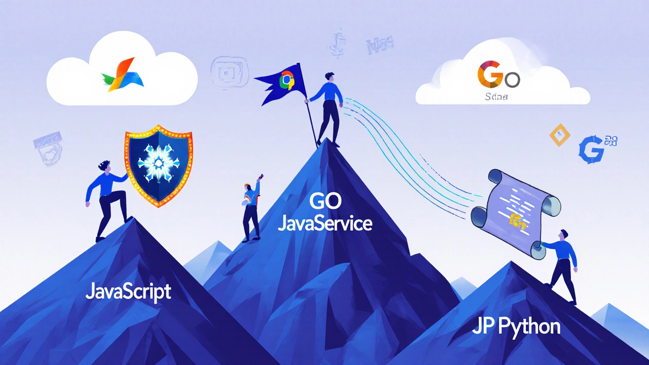 Three climbers reaching a peak labeled &#039;Highest Paying Languages&#039; with Rust, Go, and Scala symbols, while Python and JavaScript lag behind.
