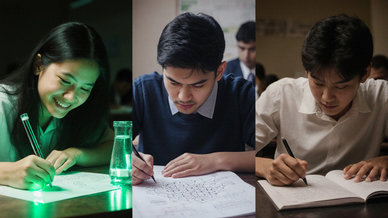 Three students in exam hall, chemistry answer confident while others struggle