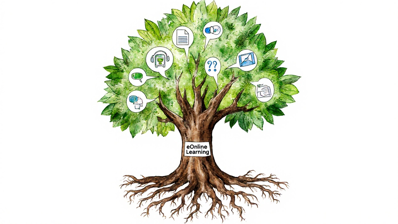 Tree with shallow roots for online learning and deep branches for interactive eLearning elements.