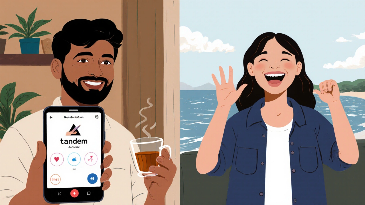 Two people chatting via language exchange app, one in India, one in Australia, laughing during a voice call.